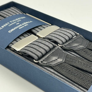 Albert Thurston for Cruciani & Bella Made in England Adjustable Sizing 40 mm braces 100% Wool Grey and Dark  Stripes Motif Braid ends Y-Shaped Nickel Fittings XL