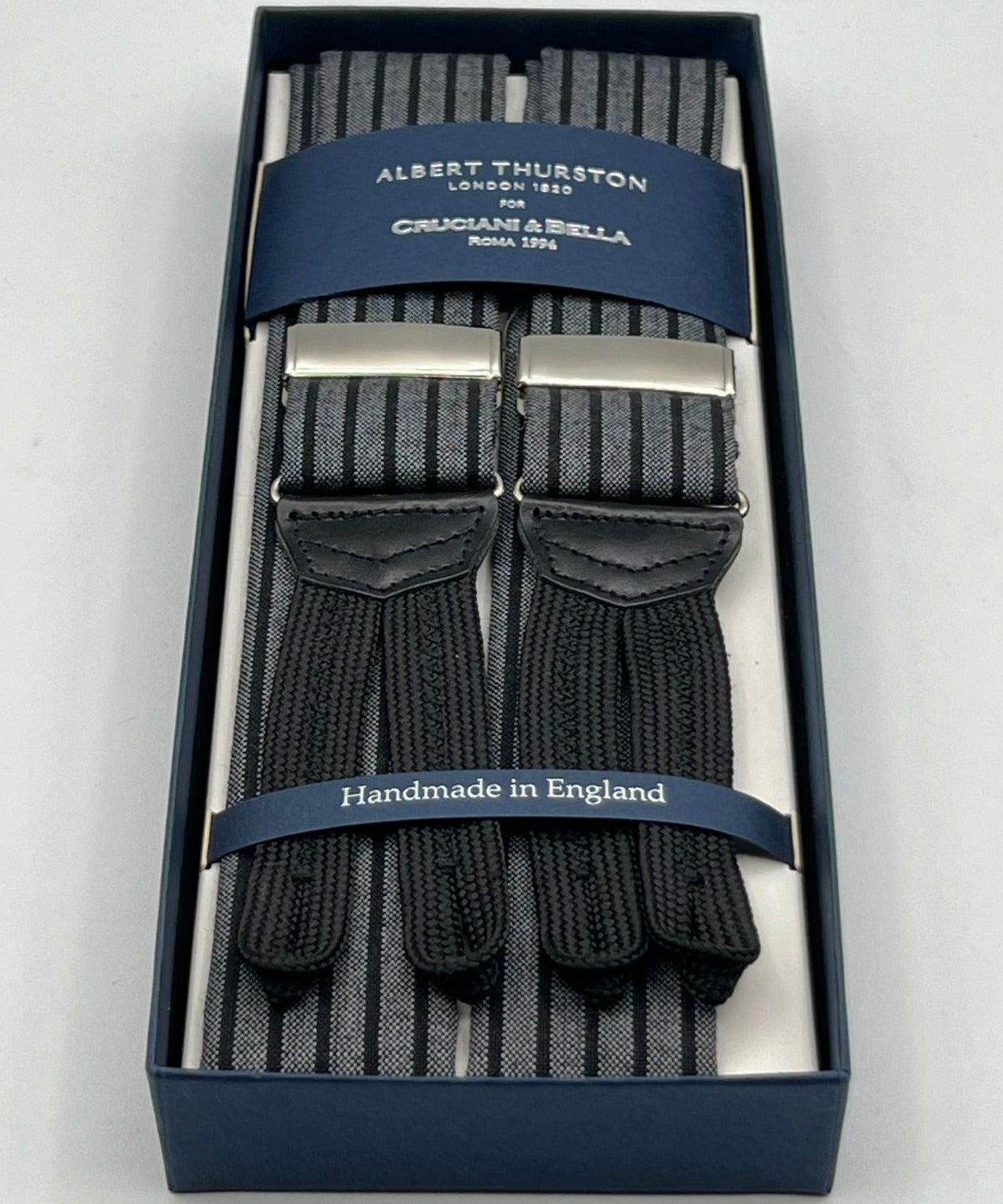 Albert Thurston for Cruciani & Bella Made in England Adjustable Sizing 40 mm braces 100% Wool Grey and Dark  Stripes Motif Braid ends Y-Shaped Nickel Fittings XL
