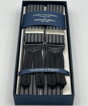 Albert Thurston for Cruciani & Bella Made in England Adjustable Sizing 40 mm braces 100% Wool Grey and Dark  Stripes Motif Braid ends Y-Shaped Nickel Fittings XL
