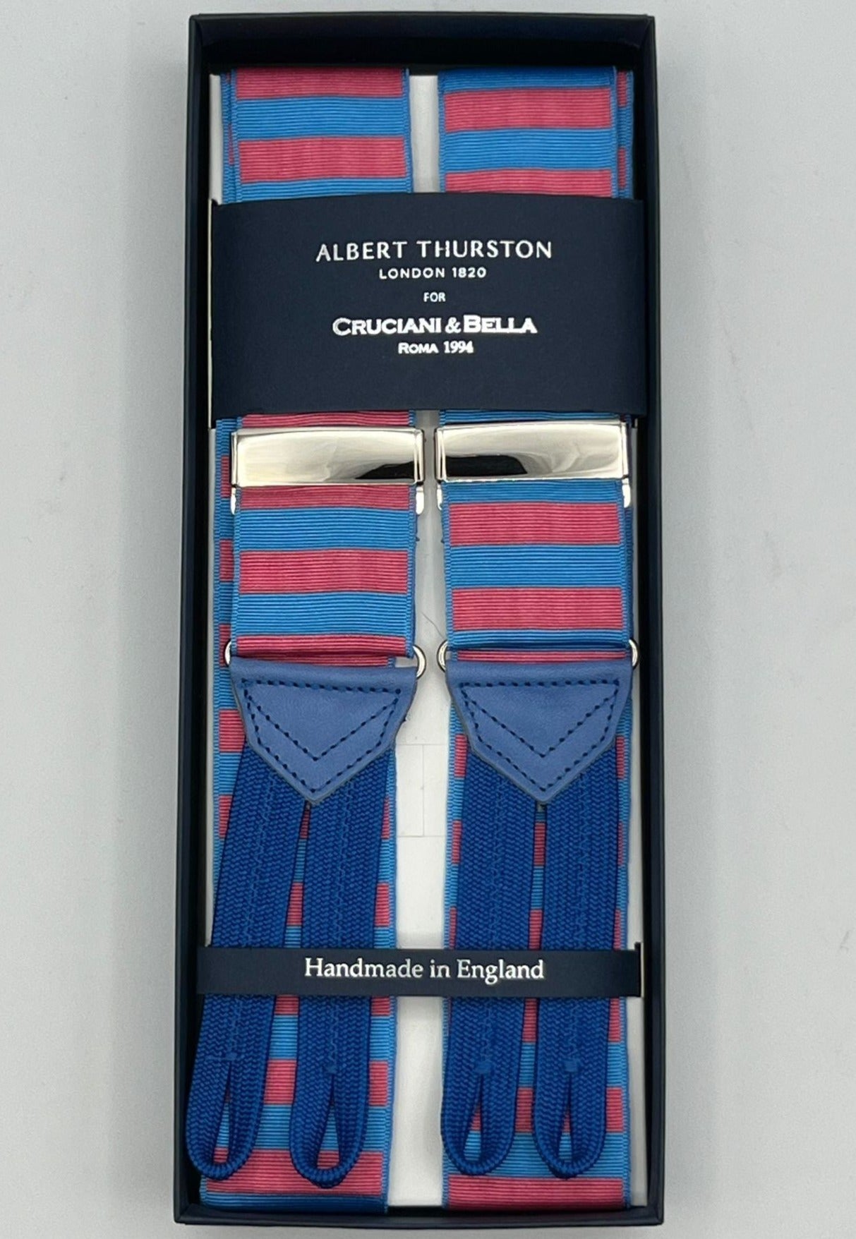 Albert Thurston for Cruciani & Bella Made in England Adjustable Sizing 40 mm Woven Barathea  Pink and Azure horizontal Stripes Braces Braid ends Y-Shaped Nickel Fittings Size XL