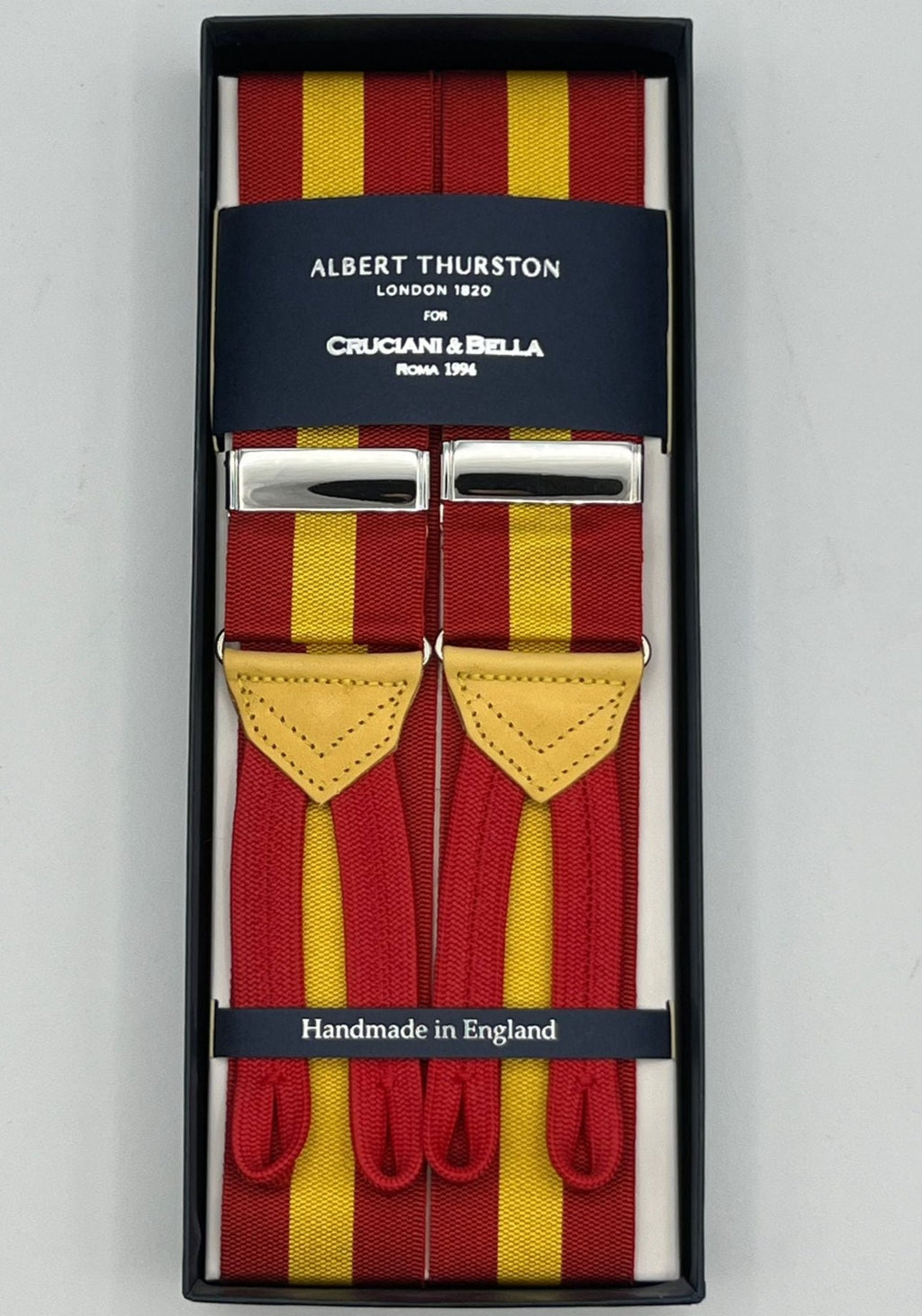 Albert Thurston for Cruciani & Bella Made in England Adjustable Sizing 40 mm Woven Barathea   Red and Yellow Stripes  Braces Y-Shaped Nickel Fittings Size: XL