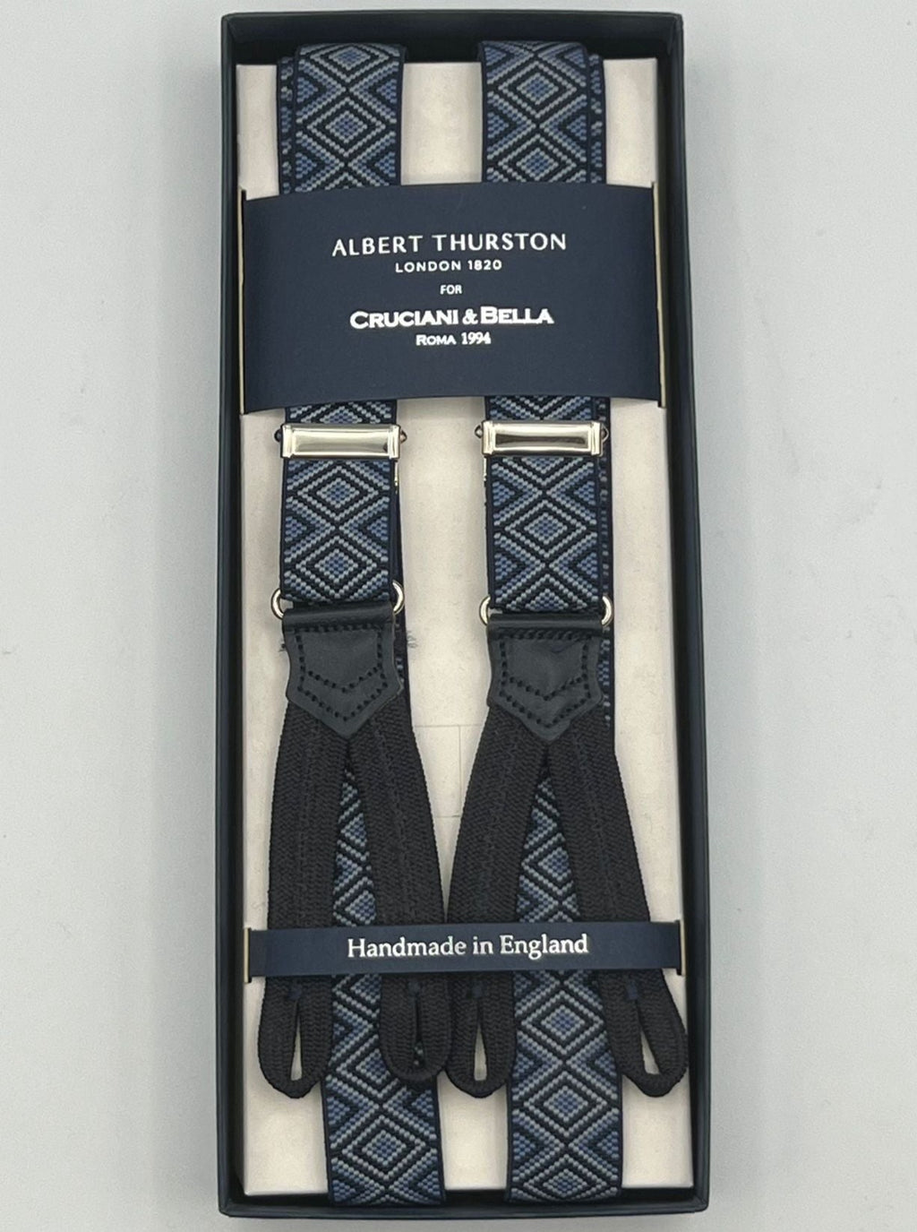 Albert Thurston for Cruciani & Bella Made in England Adjustable Sizing 25 mm elastic braces Blue Optical Motif Braid ends Y-Shaped Nickel Fittings Size: L