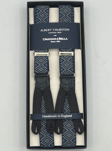 Albert Thurston for Cruciani & Bella Made in England Adjustable Sizing 25 mm elastic braces Blue Optical Motif Braid ends Y-Shaped Nickel Fittings Size: L