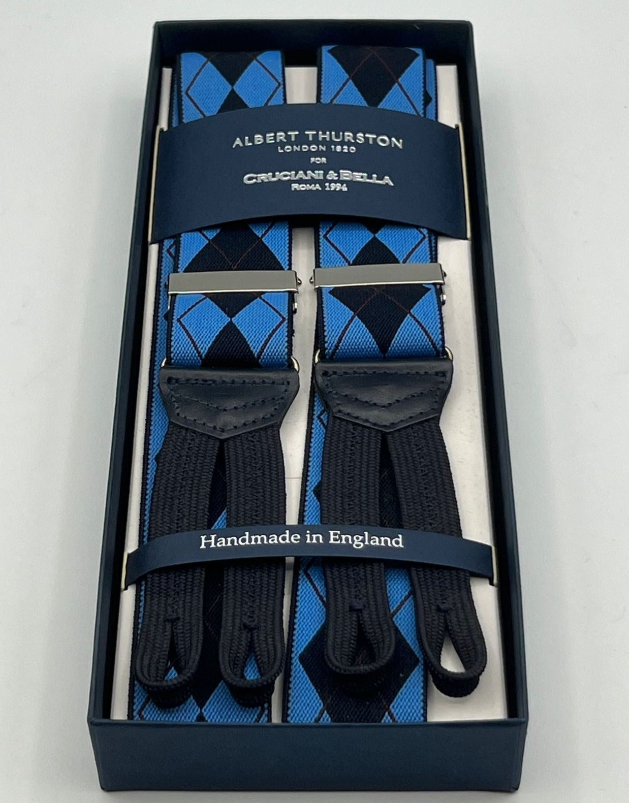 Albert Thurston for Cruciani & Bella Made in England Adjustable Sizing 35 mm Elastic Braces Light Blue, Blue and Brown Tartan Braces Braid ends Y-Shaped Nickel Fittings Size: L