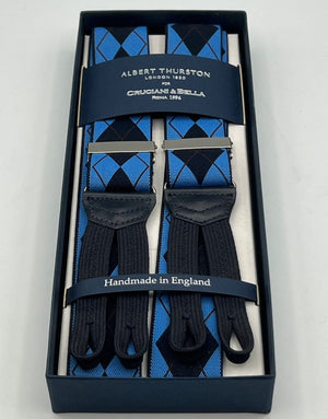 Albert Thurston for Cruciani & Bella Made in England Adjustable Sizing 35 mm Elastic Braces Light Blue, Blue and Brown Tartan Braces Braid ends Y-Shaped Nickel Fittings Size: L