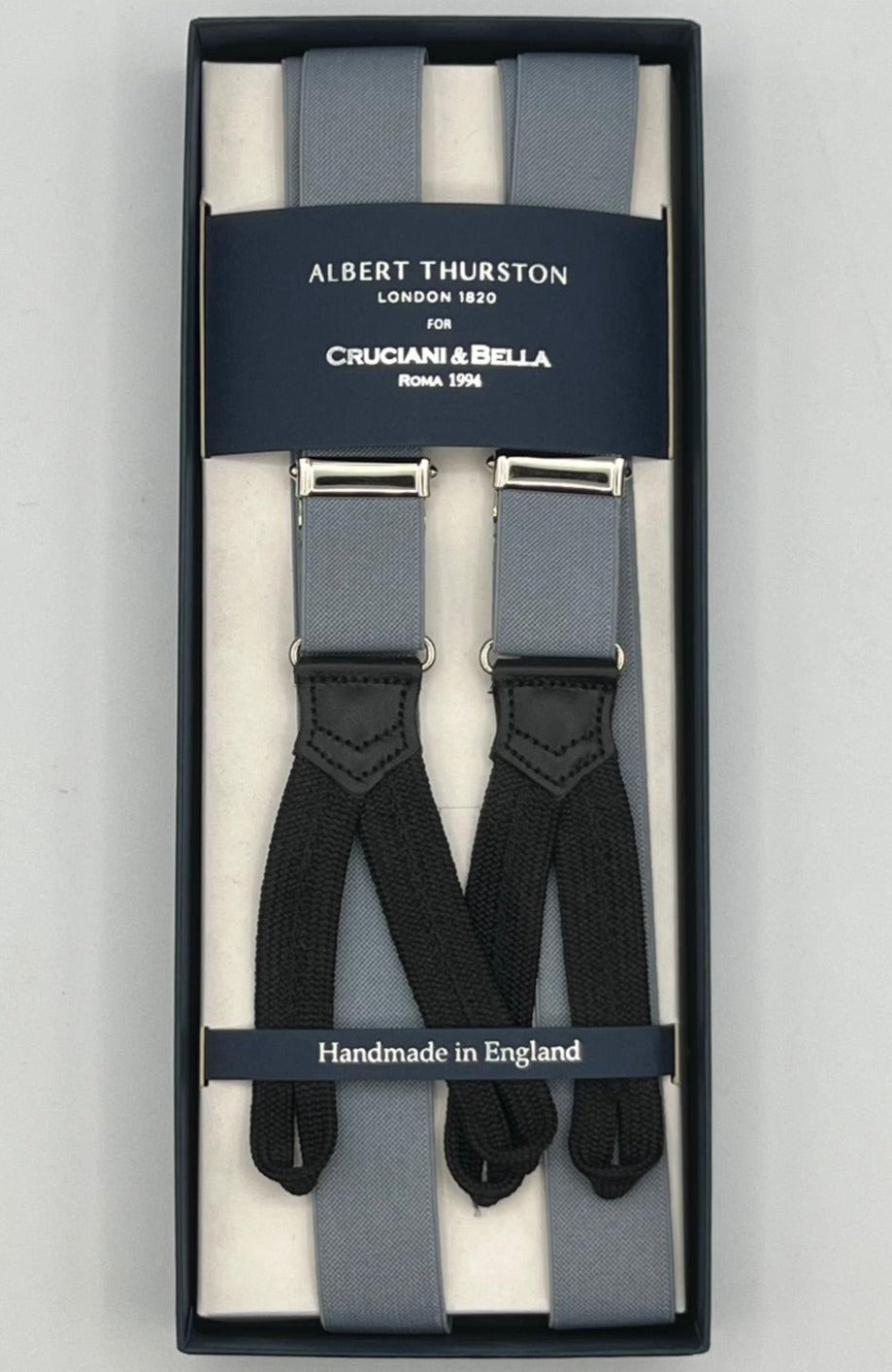 Albert Thurston for Cruciani & Bella Made in England Adjustable Sizing 25 mm elastic braces Light Grey Plain Braid ends Y-Shaped Nickel Fittings Size: L