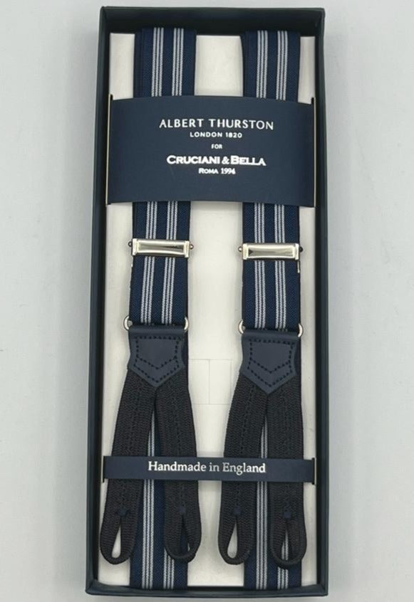 Albert Thurston for Cruciani & Bella Made in England Adjustable Sizing 25 mm elastic braces Blue, White Stripes  Braid ends Y-Shaped Nickel  Fittings Size: L