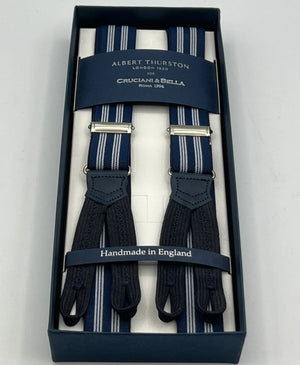 Albert Thurston for Cruciani & Bella Made in England Adjustable Sizing 25 mm elastic braces Blue, White Stripes  Braid ends Y-Shaped Nickel  Fittings Size: L