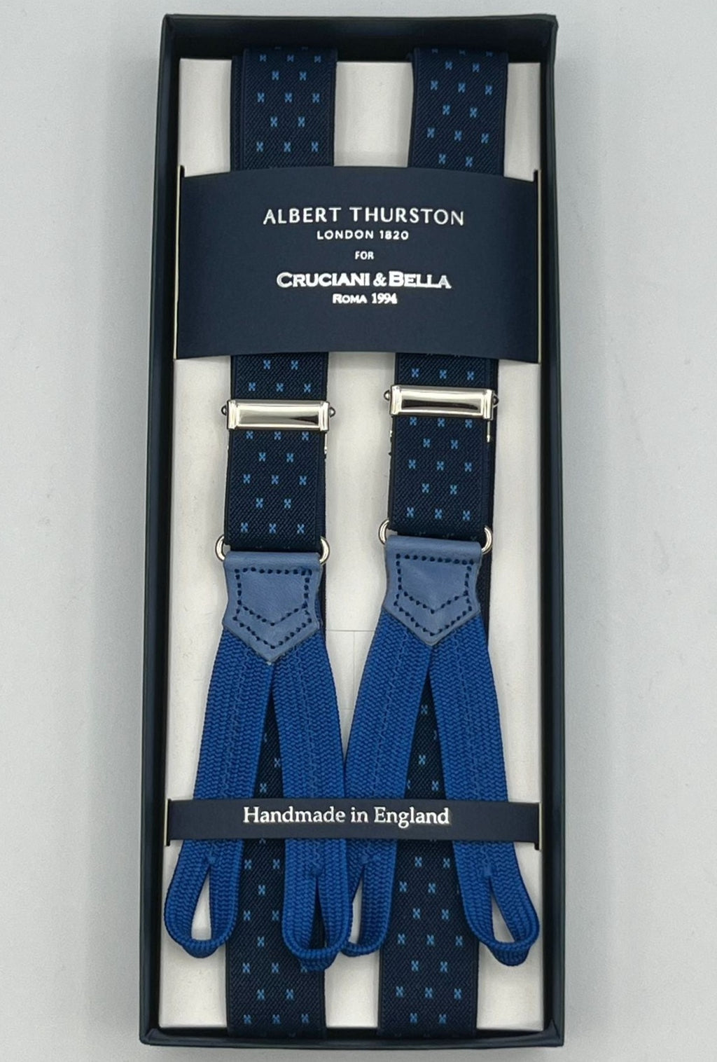 Albert Thurston for Cruciani & Bella Made in England Adjustable Sizing 25 mm elastic braces Blue, Light Blue Motif Braid ends Y-Shaped Nickel  Fittings Size: L