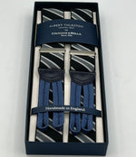 Albert Thurston for Cruciani & Bella Made in England Adjustable Sizing 35 mm elastic  braces Black and Grey Stripes braces Braid ends Y-Shaped Nickel Fittings Size: L