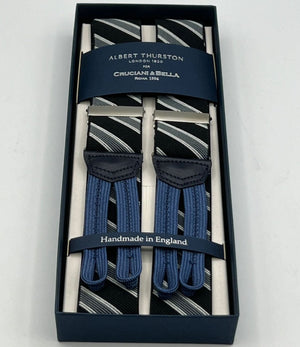 Albert Thurston for Cruciani & Bella Made in England Adjustable Sizing 35 mm elastic  braces Black and Grey Stripes braces Braid ends Y-Shaped Nickel Fittings Size: L