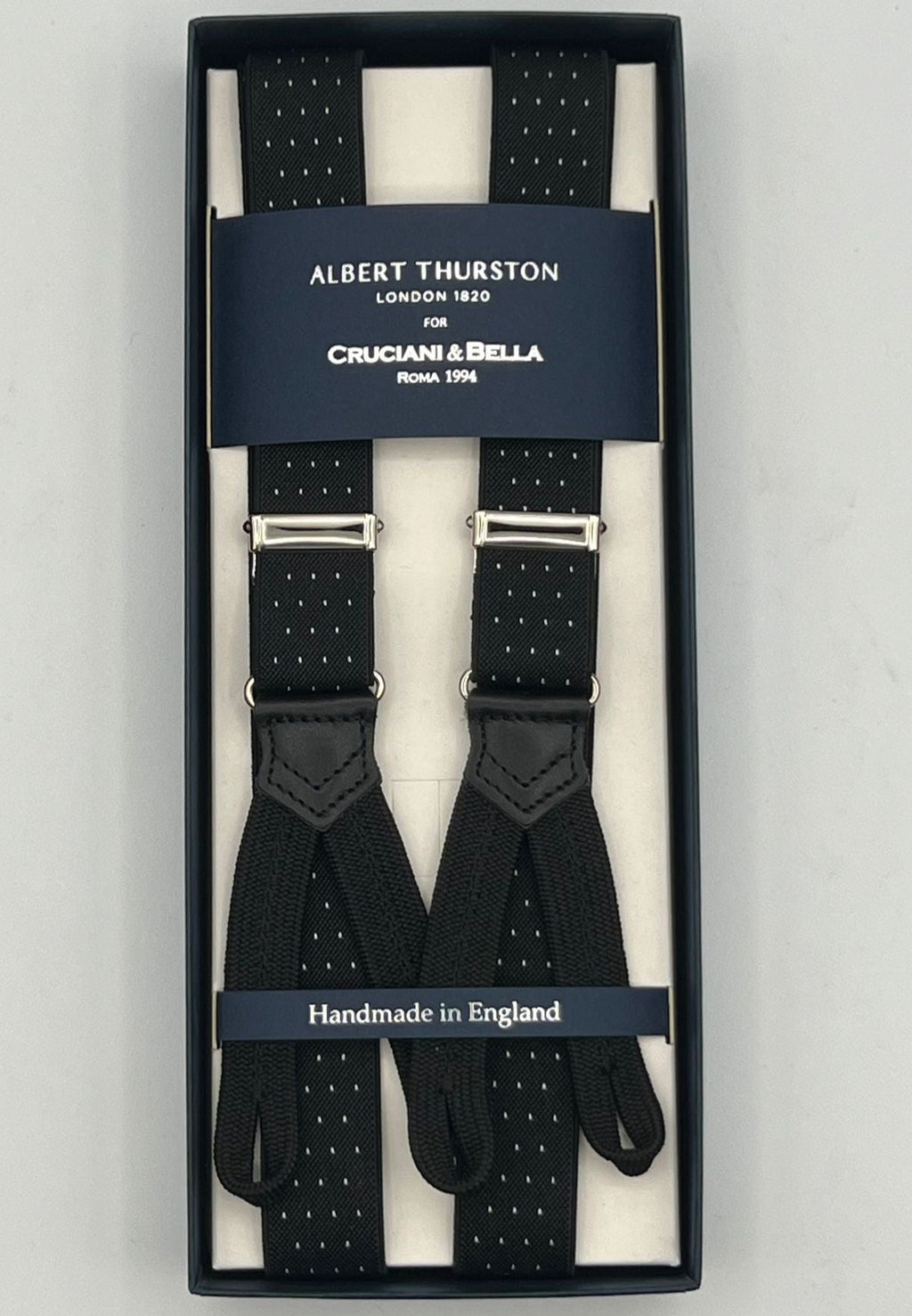 Albert Thurston for Cruciani & Bella Made in England Adjustable Sizing 25 mm elastic braces Black and White Dots Braid ends Y-Shaped Nickel Fittings Size: XL