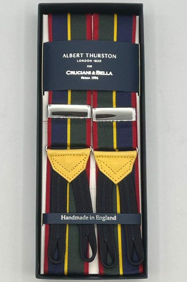Albert Thurston for Cruciani & Bella Made in England Adjustable Sizing 40 mm Woven Barathea  Blue ,Green, Red and Yellow Stripes  Motif  Braces Y-Shaped Nickel Fittings Size: XL