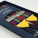 Albert Thurston for Cruciani & Bella Made in England Adjustable Sizing 40 mm Woven Barathea  Blue ,Green, Red and Yellow Stripes  Motif  Braces Y-Shaped Nickel Fittings Size: XL