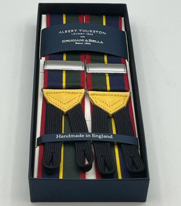 Albert Thurston for Cruciani & Bella Made in England Adjustable Sizing 40 mm Woven Barathea  Blue ,Green, Red and Yellow Stripes  Motif  Braces Y-Shaped Nickel Fittings Size: XL