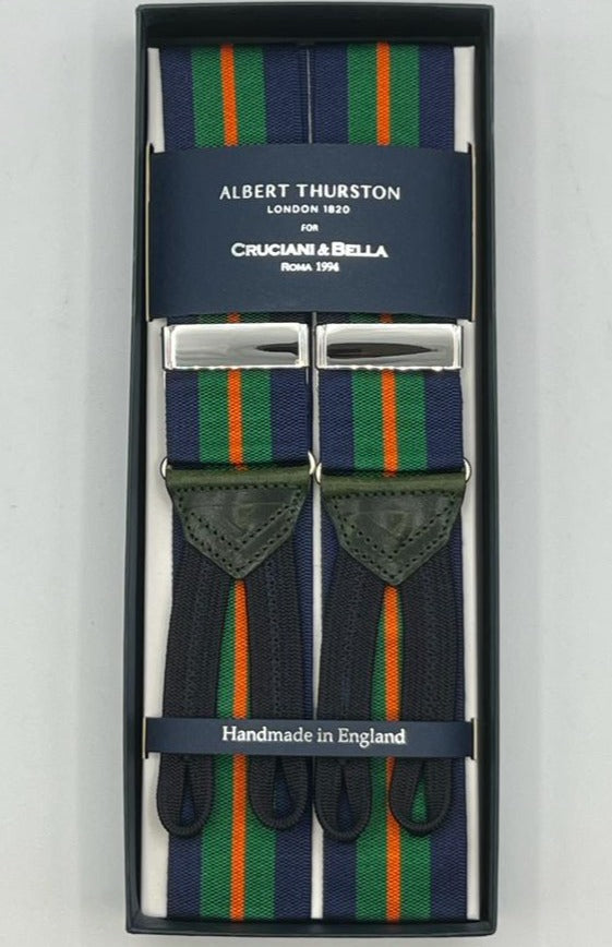 Albert Thurston for Cruciani & Bella Made in England Adjustable Sizing 40 mm Woven Barathea  Blue, Green and Orange Stripes  Motif  Braces Y-Shaped Nickel Fittings Size: XL