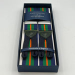 Albert Thurston for Cruciani & Bella Made in England Adjustable Sizing 40 mm Woven Barathea  Blue, Green and Orange Stripes  Motif  Braces Y-Shaped Nickel Fittings Size: XL