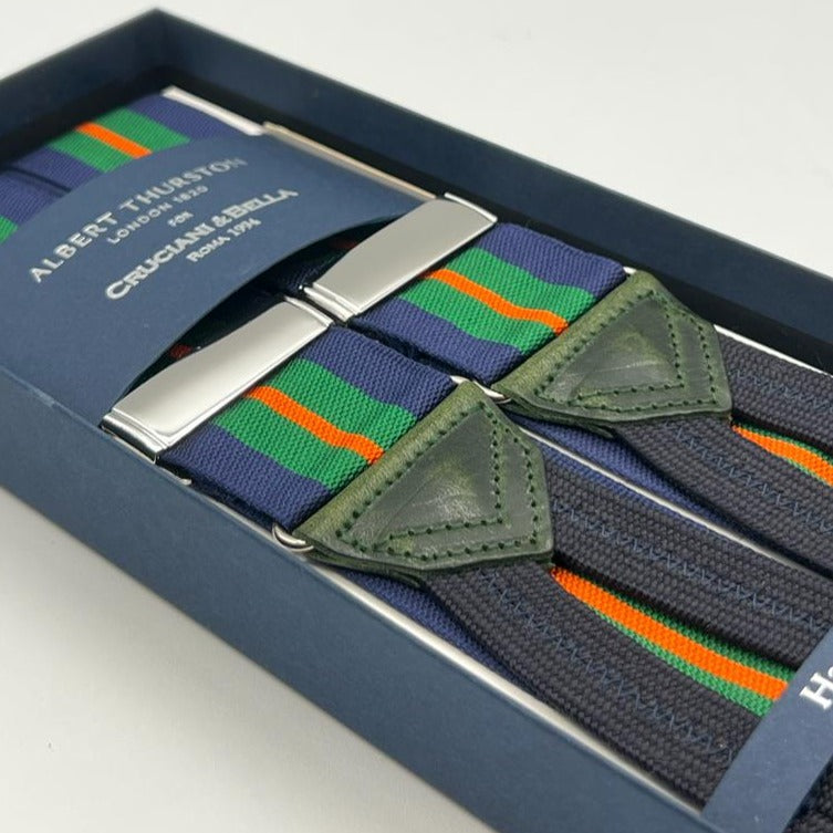 Albert Thurston for Cruciani & Bella Made in England Adjustable Sizing 40 mm Woven Barathea  Blue, Green and Orange Stripes  Motif  Braces Y-Shaped Nickel Fittings Size: XL