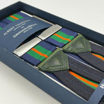Albert Thurston for Cruciani & Bella Made in England Adjustable Sizing 40 mm Woven Barathea  Blue, Green and Orange Stripes  Motif  Braces Y-Shaped Nickel Fittings Size: XL