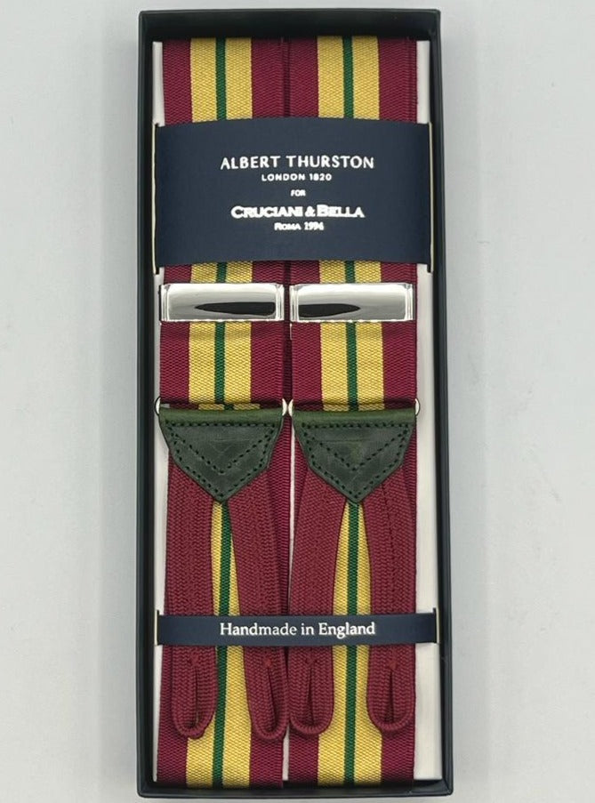 Albert Thurston for Cruciani & Bella Made in England Adjustable Sizing 40 mm Woven Barathea  Red, Yellow and Green Stripes  Motif  Braces Y-Shaped Nickel Fittings Size: XL