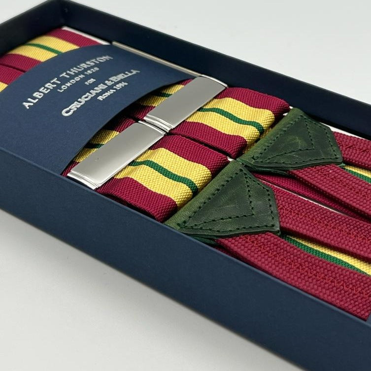Albert Thurston for Cruciani & Bella Made in England Adjustable Sizing 40 mm Woven Barathea  Red, Yellow and Green Stripes  Motif  Braces Y-Shaped Nickel Fittings Size: XL