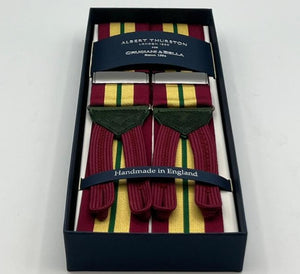 Albert Thurston for Cruciani & Bella Made in England Adjustable Sizing 40 mm Woven Barathea  Red, Yellow and Green Stripes  Motif  Braces Y-Shaped Nickel Fittings Size: XL