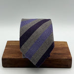 Drake's for Cruciani & Bella 70% Wool 30% Silk Tipped  Grey, Wine and Purple Stripes  Tie Handmade in England 8cm x 146 cm