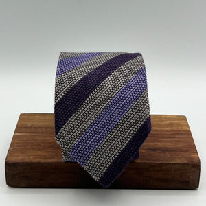 Drake's for Cruciani & Bella 70% Wool 30% Silk Tipped  Grey, Wine and Purple Stripes  Tie Handmade in England 8cm x 146 cm