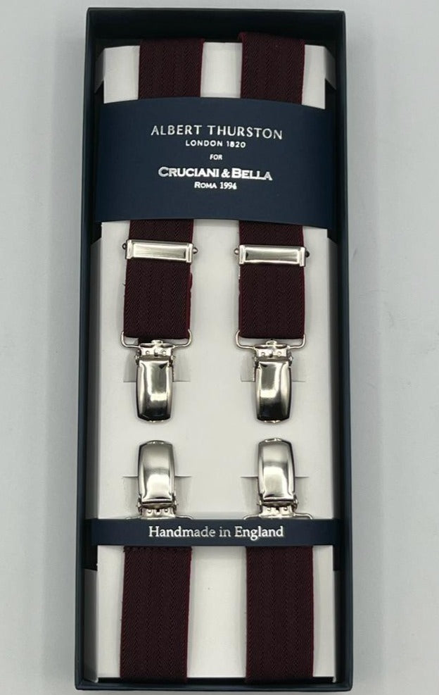Albert Thurston for Cruciani & Bella Made in England Clip on Adjustable Sizing 25 mm elastic braces Bourgundy Harringbone Plain Color X-Shaped Nickel Fittings Size: XL