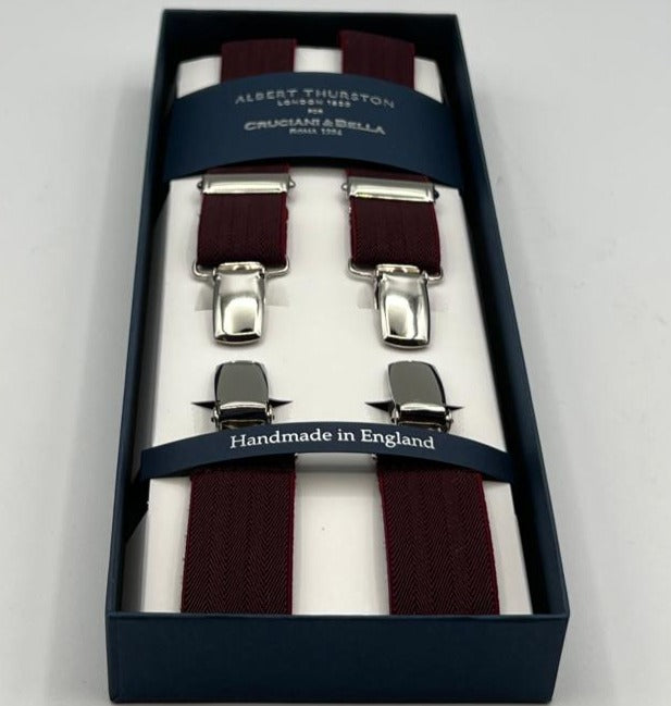 Albert Thurston for Cruciani & Bella Made in England Clip on Adjustable Sizing 25 mm elastic braces Bourgundy Harringbone Plain Color X-Shaped Nickel Fittings Size: XL