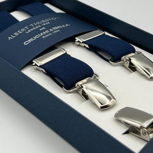 Albert Thurston for Cruciani & Bella Made in England Clip on Adjustable Sizing 25 mm elastic braces Blue Plain Color X-Shaped Nickel Fittings Size: XL