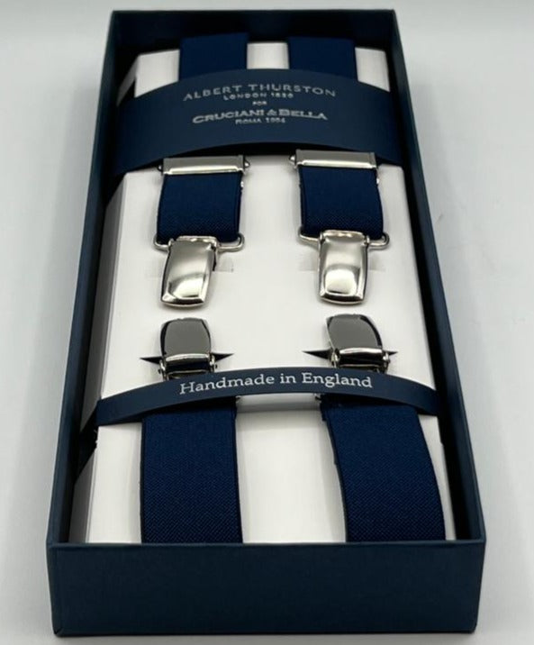Albert Thurston for Cruciani & Bella Made in England Clip on Adjustable Sizing 25 mm elastic braces Blue Plain Color X-Shaped Nickel Fittings Size: XL