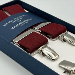 Albert Thurston for Cruciani & Bella Made in England Clip on Adjustable Sizing 35 mm elastic braces Burgundy Plain X-Shaped Nickel Fittings Size: XL