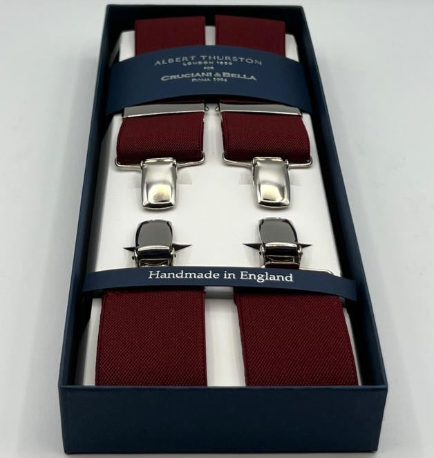 Albert Thurston for Cruciani & Bella Made in England Clip on Adjustable Sizing 35 mm elastic braces Burgundy Plain X-Shaped Nickel Fittings Size: XL