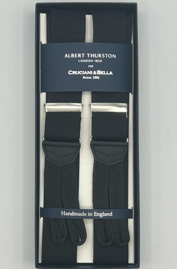 Albert Thurston for Cruciani & Bella Made in England Adjustable Sizing 35 mm elastic black plain braces Braid ends Y-Shaped Nickel Fittings Size: XL