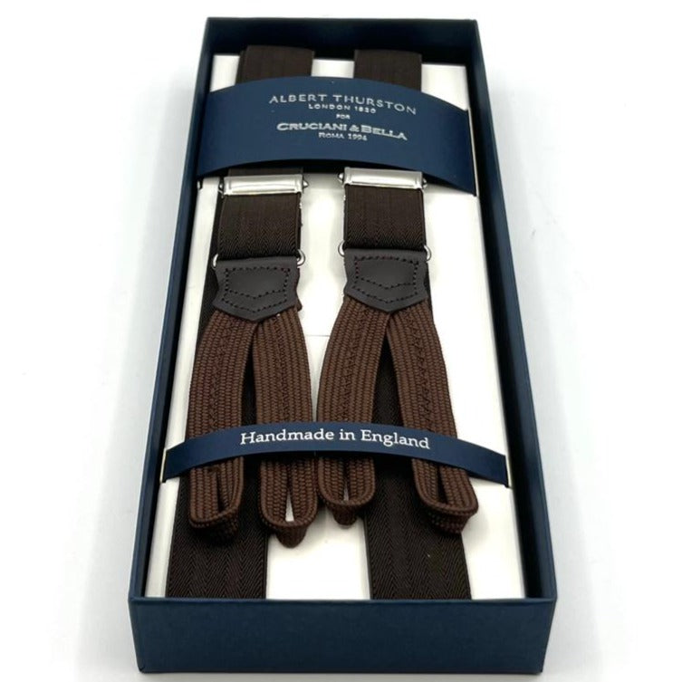 Albert Thurston for Cruciani & Bella Made in England Adjustable Sizing 25 mm elastic braces Brown Harringbone Braid ends Y-Shaped Nickel Fittings Size: XL