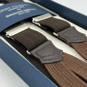 Albert Thurston for Cruciani & Bella Made in England Adjustable Sizing 25 mm elastic braces Brown Harringbone Braid ends Y-Shaped Nickel Fittings Size: XL