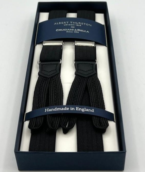 Albert Thurston for Cruciani & Bella Made in England Adjustable Sizing 25 mm elastic braces Black Harringbone Braid ends Y-Shaped Nickel Fittings Size XL