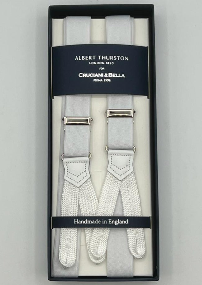 Albert Thurston for Cruciani & Bella Made in England Adjustable Sizing 25 mm elastic braces White  Braid ends Y-Shaped Nickel Fittings Size: XL
