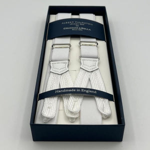 Albert Thurston for Cruciani & Bella Made in England Adjustable Sizing 25 mm elastic braces White  Braid ends Y-Shaped Nickel Fittings Size: XL