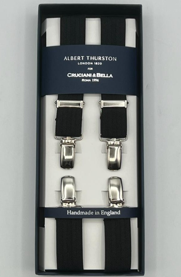 Albert Thurston for Cruciani & Bella Made in England Clip on Adjustable Sizing 25 mm elastic braces Black Harringbone X-Shaped Nickel Fittings Size XL