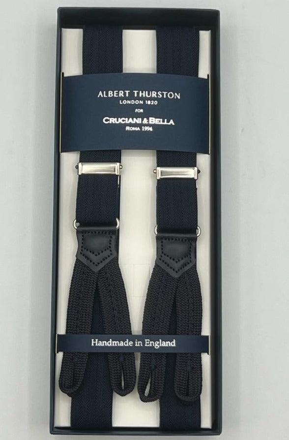 Albert Thurston for Cruciani & Bella Made in England Adjustable Sizing 25 mm elastic braces Midnight blue Harringbone Braid ends Y-Shaped Nickel Fittings Size: XL