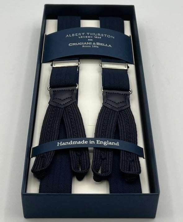 Albert Thurston for Cruciani & Bella Made in England Adjustable Sizing 25 mm elastic braces Midnight blue Harringbone Braid ends Y-Shaped Nickel Fittings Size: XL