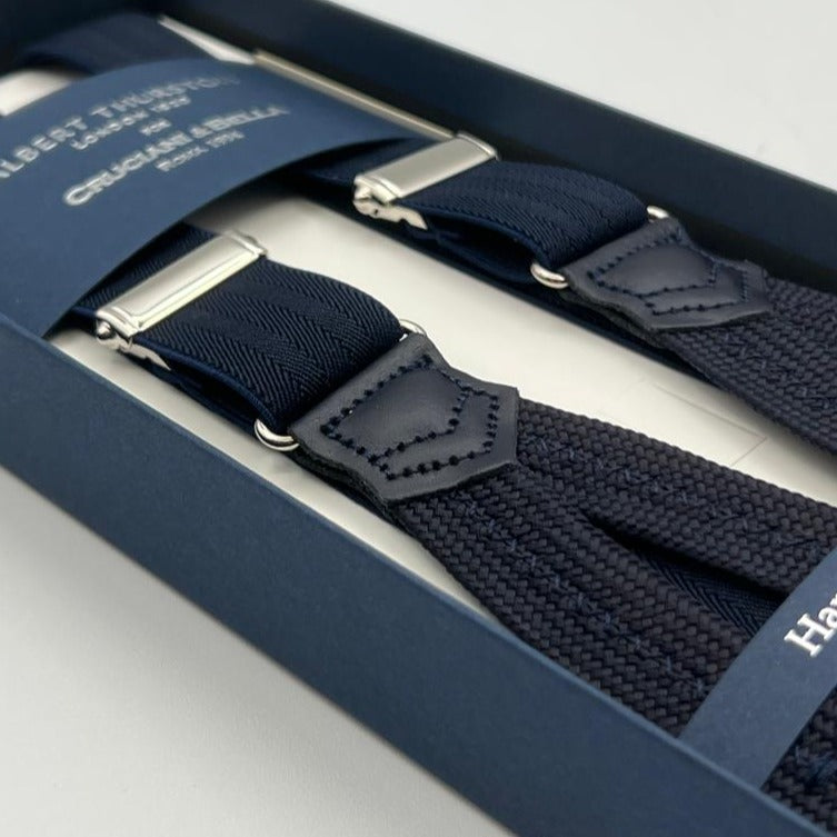 Albert Thurston for Cruciani & Bella Made in England Adjustable Sizing 25 mm elastic braces Midnight blue Harringbone Braid ends Y-Shaped Nickel Fittings Size: XL