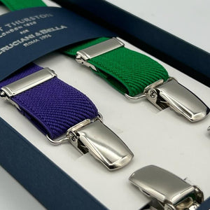 Albert Thurston for Cruciani & Bella Made in England Clip on Adjustable Sizing 25 mm elastic braces Green and Purple Exclusive X-Shaped Nickel Fittings Size: XL