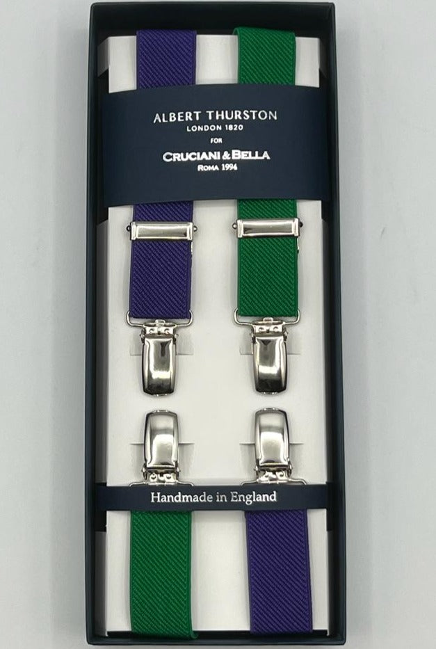 Albert Thurston for Cruciani & Bella Made in England Clip on Adjustable Sizing 25 mm elastic braces Green and Purple Exclusive X-Shaped Nickel Fittings Size: XL
