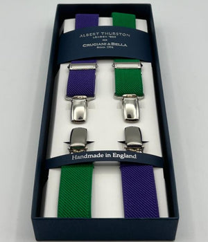 Albert Thurston for Cruciani & Bella Made in England Clip on Adjustable Sizing 25 mm elastic braces Green and Purple Exclusive X-Shaped Nickel Fittings Size: XL