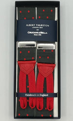 Albert Thurston for Cruciani & Bella Made in England Adjustable Sizing 40 mm Woven Barathea Forrest green, red dots Braces Braid ends Y-Shaped Nickel Fittings