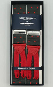 Albert Thurston for Cruciani & Bella Made in England Adjustable Sizing 40 mm Woven Barathea Forrest green, red dots Braces Braid ends Y-Shaped Nickel Fittings