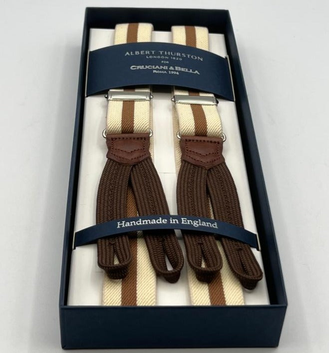 Albert Thurston for Cruciani & Bella Made in England Adjustable Sizing 25 mm elastic braces Beige, Light Brown Stripes Braid ends Y-Shaped Nickel Fittings Size: XL
